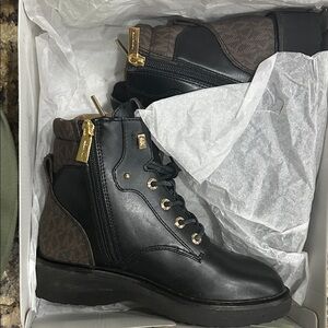 Michael Kors Black and Brown Combat Boots with Gold Accents